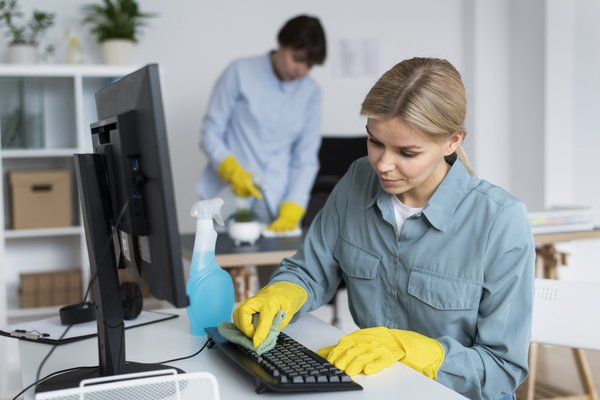 profissionais limpando equipamentos de escritório