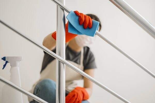 Profissional realizando limpeza no corrimão da escada